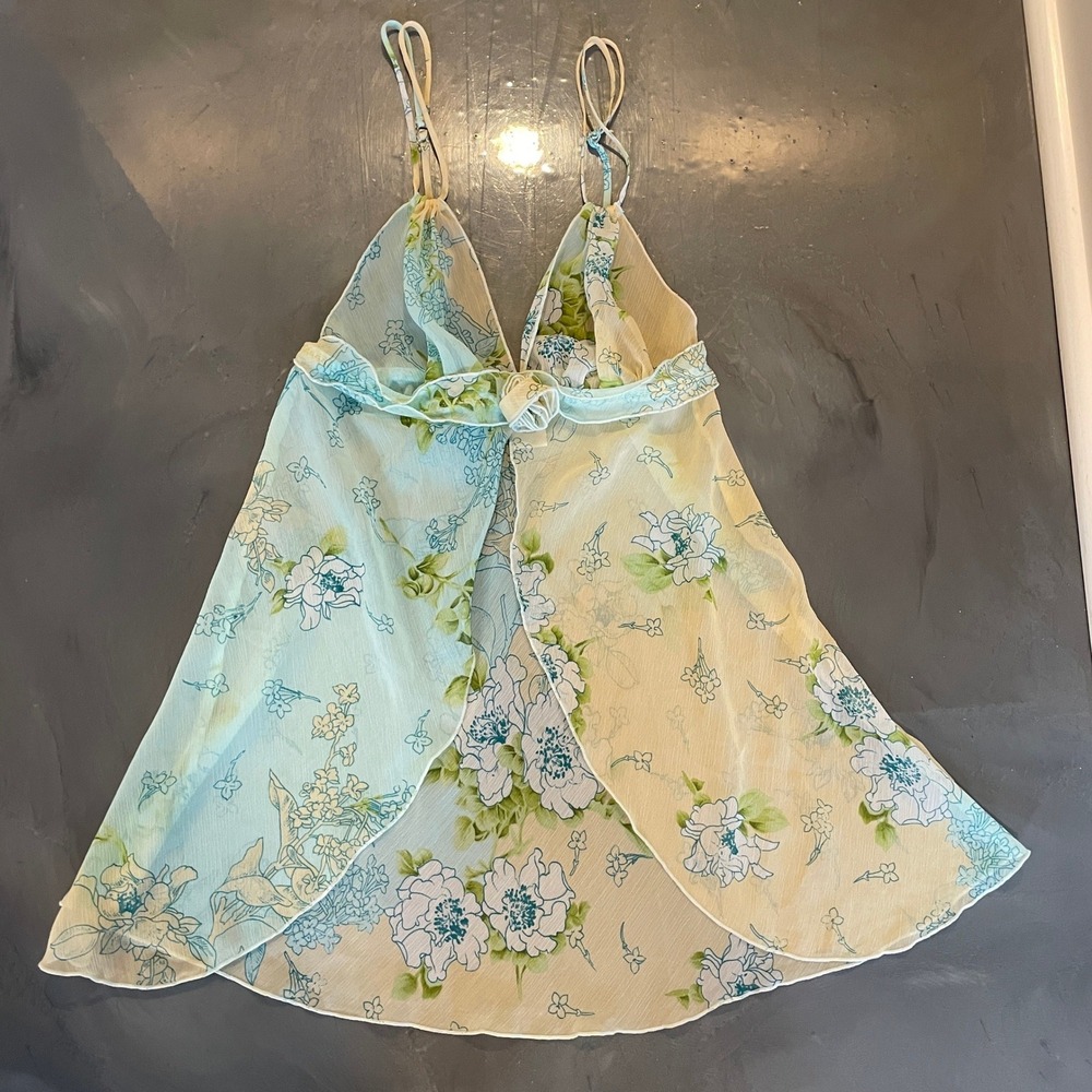 Je T'adore Women Blue Yellow Floral Y2K Babydoll Top S Rosette Fairy Coquette